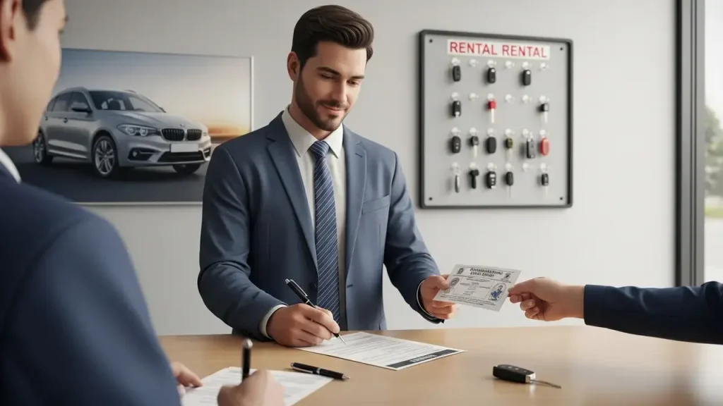 Homem em balcão de locadora de veículos apresenta a Permissão Internacional para Dirigir ao atendente, com chaves e documentos sobre a mesa.