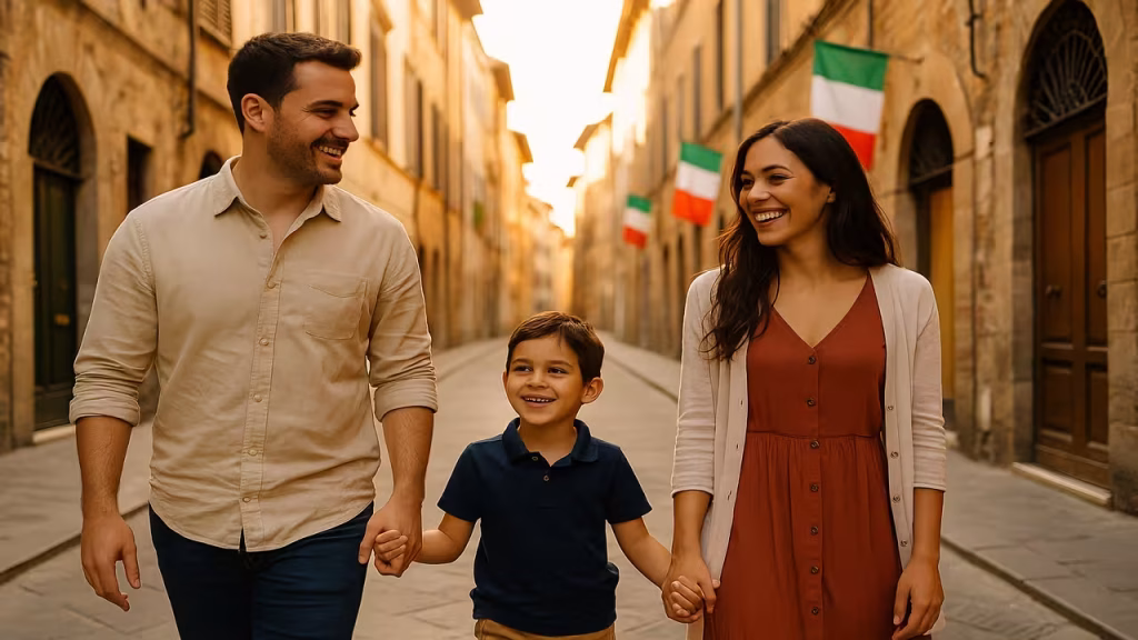 Família ítalo-brasileira caminhando por uma rua italiana histórica, simbolizando o vínculo territorial exigido para cidadania italiana em 2025.