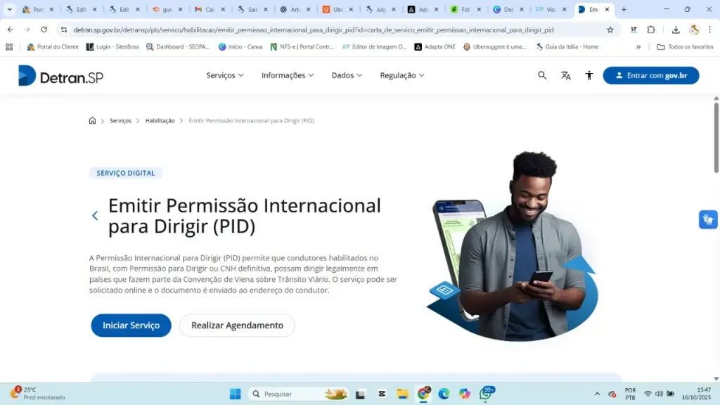 Captura de tela do site oficial do Detran-SP mostrando a página de emissão da Permissão Internacional para Dirigir (PID), com opções para iniciar o serviço ou realizar agendamento online.