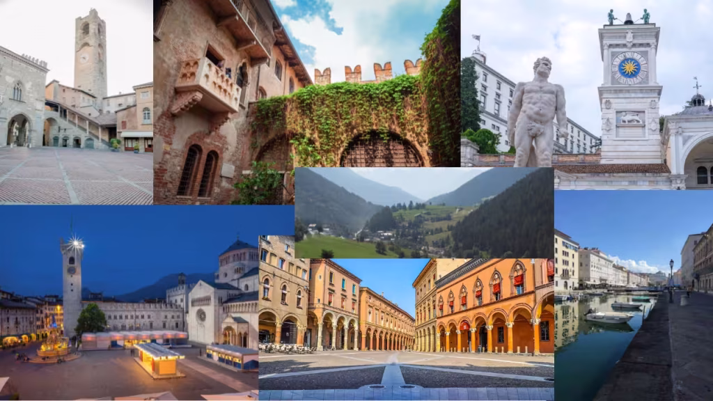 Mosaico de fotos mostrando alguns pontos turísticos e paisagens urbanas das cidades italianas com melhor qualidade de vida segundo o ranking oficial do Il Sole 24 Ore.