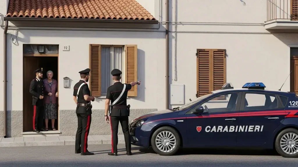 Carabinieri investigando uma casa italiana durante operação contra fraudes de cidadania italiana sem residência física.