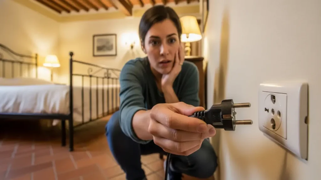 Mulher tentando ligar um aparelho eletrônico em uma tomada na Itália.